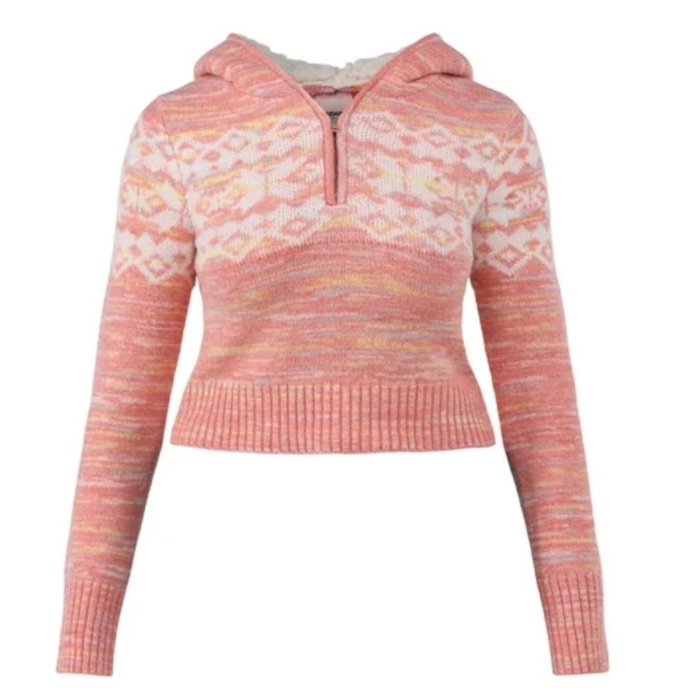 No Boundaries Pink and Cream Fair Isle Plush Cropped Hoodie